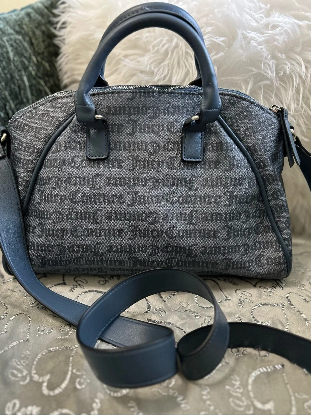 NWT Juicy Couture Eastside Westside Denim Monogram Satchel with Heart Key Charm